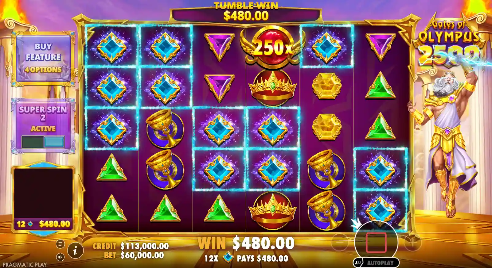 Base-game tumble win with multiplier orbs added to the total win